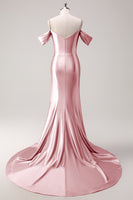 Load image into Gallery viewer, Sparkly Pink Off The Shoulder Long Satin Formal Dress