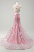 Load image into Gallery viewer, Blue Corset Spaghetti Straps Tulle Long Formal Dress with 3D Flowers