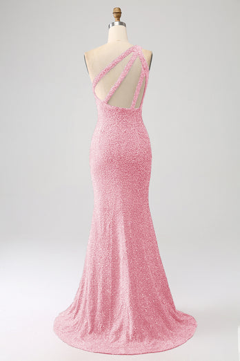 Fuchsia Sequin Long Formal Dress with Slit