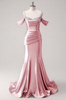 Load image into Gallery viewer, Sparkly Pink Off The Shoulder Long Satin Formal Dress