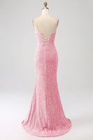 Load image into Gallery viewer, Fuchsia Mermaid Spaghetti Straps V-Neck Sequin Formal Dress With Split