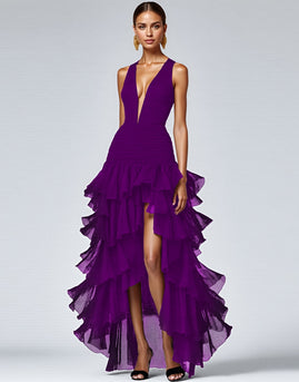 Royal Blue A Line V-Neck Ruffled Long Formal Dress with Slit
