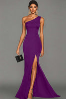 Load image into Gallery viewer, Black Mermaid One Shoulder Satin Long Formal Dress with Slit