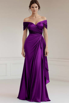 Peacock Sheath Satin Ruched Off the Shoulder Long Formal Dress