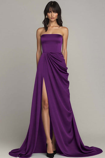Black Strapless Satin A Line Long Formal Dress with Slit
