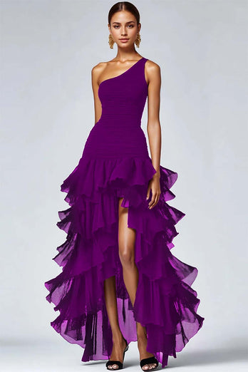 Black One Shoulder Ruffled High Low Formal Dress