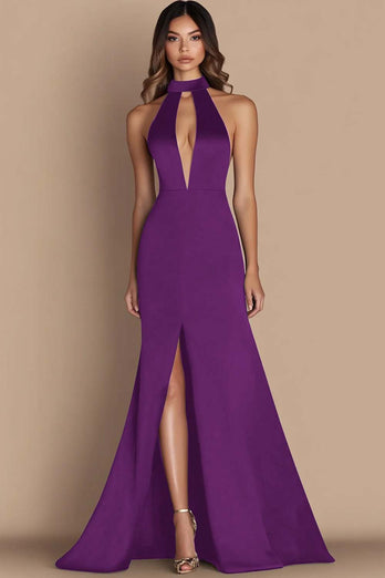 Black Halter Neck Satin Cut Out Mermaid Formal Dress with Slit