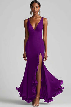 Ink Blue Chiffon V-Neck Long Formal Dress with Slit