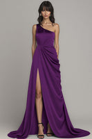 Load image into Gallery viewer, Black One Shoulder A Line Satin Ruched Long Formal Dress with Slit