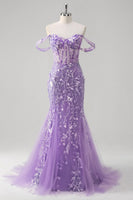 Load image into Gallery viewer, Blue Mermaid Off the Shoulder Corset Formal Dress with Appliques