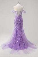 Load image into Gallery viewer, Blue Mermaid Off the Shoulder Corset Formal Dress with Appliques