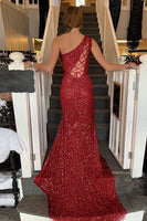 Load image into Gallery viewer, Sheath One Shoulder White Sequins Long Formal Dress with Split Front