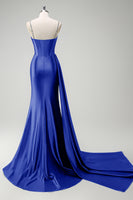 Load image into Gallery viewer, Sparkly Purple Mermaid Spaghetti Straps Corset Long Formal Dress with Slit