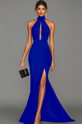 Black Halter Neck Satin Mermaid Formal Dress with Slit