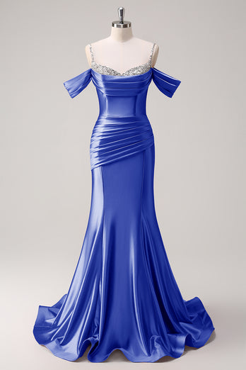 Sparkly Pink Off The Shoulder Long Satin Formal Dress