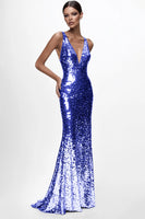 Load image into Gallery viewer, Sparkly Silver Sequin Mermaid Deep V-Neck Long Formal Dress
