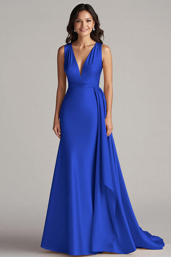 Peacock Mermaid Deep V-Neck Long Satin Formal Dress