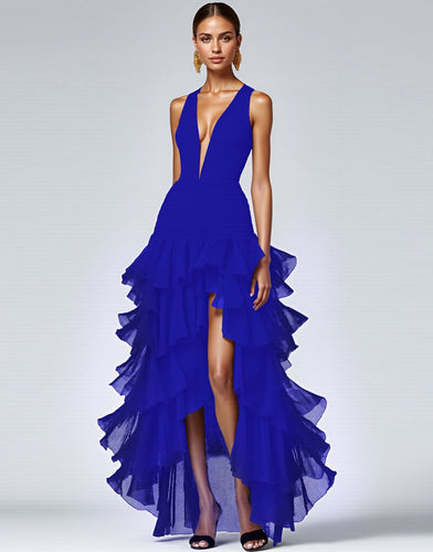 Royal Blue A Line V-Neck Ruffled Long Formal Dress with Slit