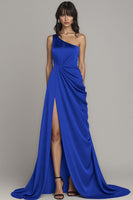 Load image into Gallery viewer, Peacock One Shoulder A Line Satin Ruched Long Formal Dress with Slit