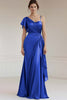 Load image into Gallery viewer, Peacock Sheath Ruched Satin Long Formal Dress