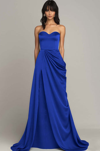 Peacock Satin A Line Strapless Long Formal Dress with Slit
