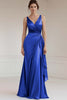 Load image into Gallery viewer, Peacock Green Sheath Satin Ruched Long Formal Dress