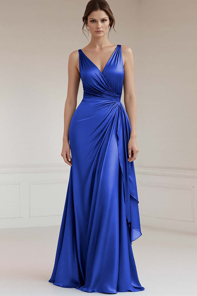 Load image into Gallery viewer, Peacock Green Sheath Satin Ruched Long Formal Dress