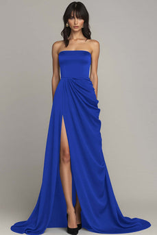 Peacock A Line Strapless Long Satin Formal Dress with Slit