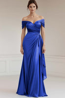 Load image into Gallery viewer, Peacock Sheath Satin Ruched Off the Shoulder Long Formal Dress