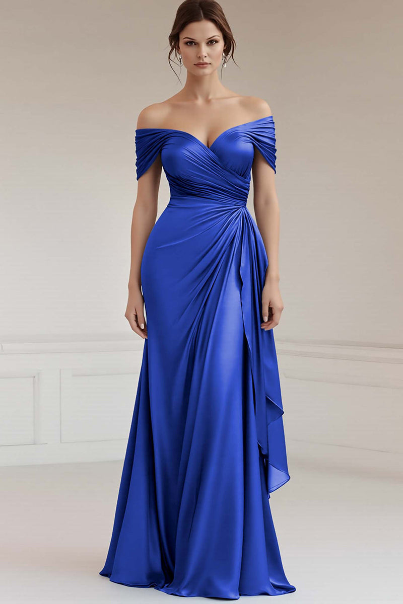 Load image into Gallery viewer, Peacock Sheath Satin Ruched Off the Shoulder Long Formal Dress