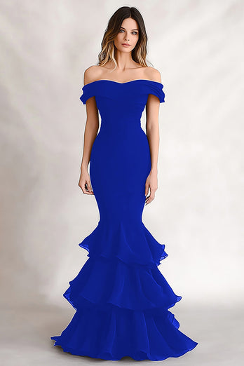 Black Off the Shoulder Mermaid Tiered Long Formal Dress