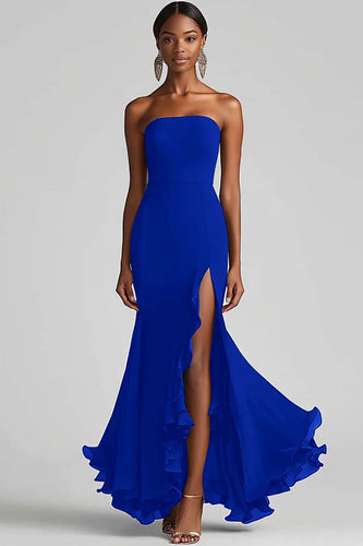 Royal Blue Strapless Long Chiffon Formal Dress with Slit
