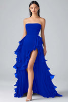 Load image into Gallery viewer, Black Chiffon A Line Tiered Strapless Formal Dress with Slit