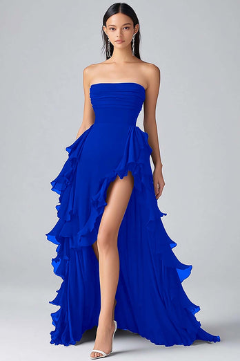 Black Chiffon A Line Tiered Strapless Formal Dress with Slit
