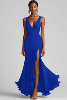 Load image into Gallery viewer, Ink Blue Chiffon V-Neck Long Formal Dress with Slit