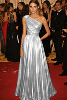 Load image into Gallery viewer, Golden Metallic Pleated One Shoulder A Line Long Formal Dress