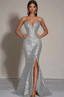 Load image into Gallery viewer, Sparkly Gold Sweetheart Mermaid Long Sequin Formal Dress with Slit