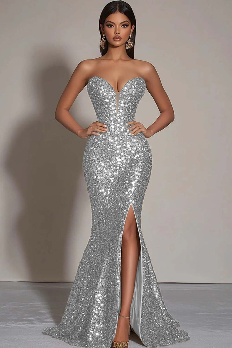 Load image into Gallery viewer, Sparkly Gold Sweetheart Mermaid Long Sequin Formal Dress with Slit