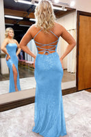 Load image into Gallery viewer, Sequins Spaghetti Straps Sheath Burgundy Formal Dress with Slit