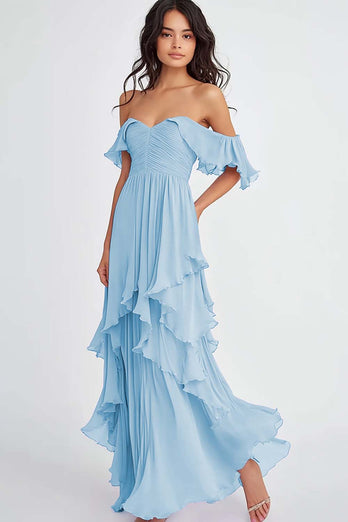 Lilac Off the Shoulder Chiffon Ruffled A-Line Formal Dress