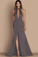 Load image into Gallery viewer, Black Halter Neck Satin Cut Out Mermaid Formal Dress with Slit