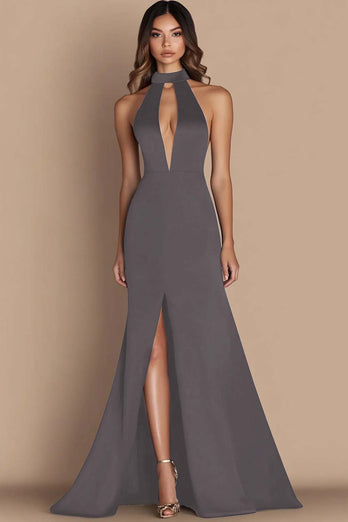 Black Halter Neck Satin Cut Out Mermaid Formal Dress with Slit
