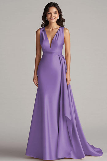 Peacock Mermaid Deep V-Neck Long Satin Formal Dress