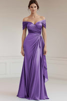 Load image into Gallery viewer, Peacock Sheath Satin Ruched Off the Shoulder Long Formal Dress