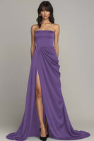 Load image into Gallery viewer, Peacock A Line Strapless Long Satin Formal Dress with Slit