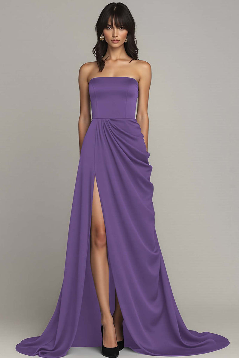 Load image into Gallery viewer, Peacock A Line Strapless Long Satin Formal Dress with Slit