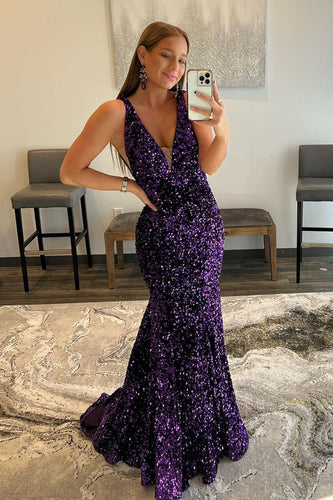 Sparkly Purple Plunging V Mermaid Long Formal Dress