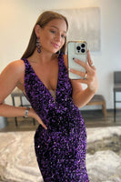 Load image into Gallery viewer, Mermaid Deep V Neck Purple Sequins Formal Dress with Open Back