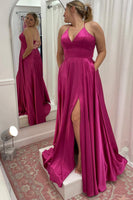 Load image into Gallery viewer, Simple A Line Spaghetti Straps Hot Pink Long Formal Dress with Slit