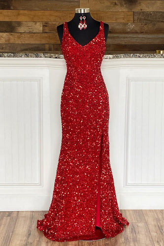 Red Sequins Sheath Spaghetti Straps Formal Dress with Split Front